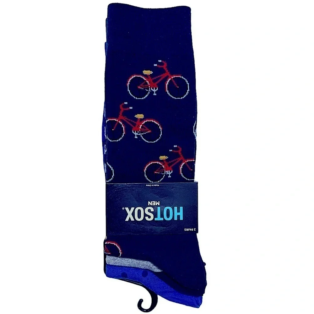 Hot Sox Bicycle Theme Novelty Dress Crew Socks 3 pack Gift Men’s Unisex Blue